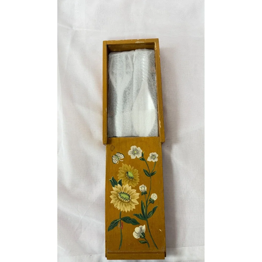 Vintage Silver Tone Salad Server Set Hand Painted Sunflower Wooden Box India
